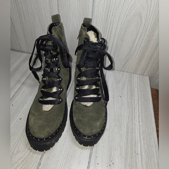 Steve Madden Rainier Green Suede Boots Leather Chunky Combat Studded Camo Fall - Picture 2 of 10